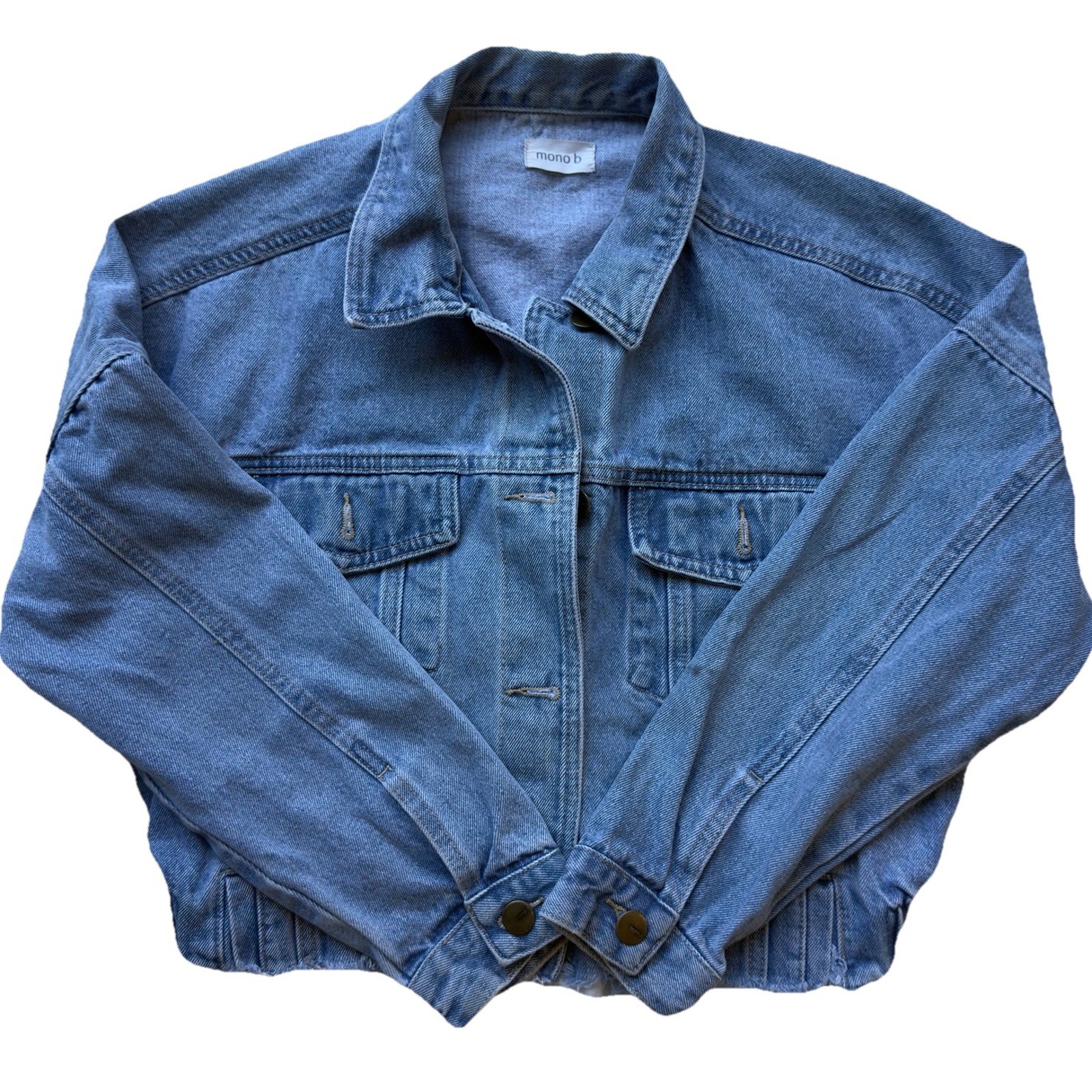 Mono B Denim Cut-Off Frayed Button-Up Trucker Chore Crop Jean Jacket Size Small